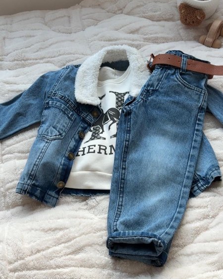 طقم جينز ٣ قطع مع قشط